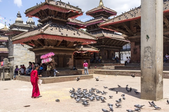 Woman Dressed for Teej in Kathmandu Feeding Pidgeons.